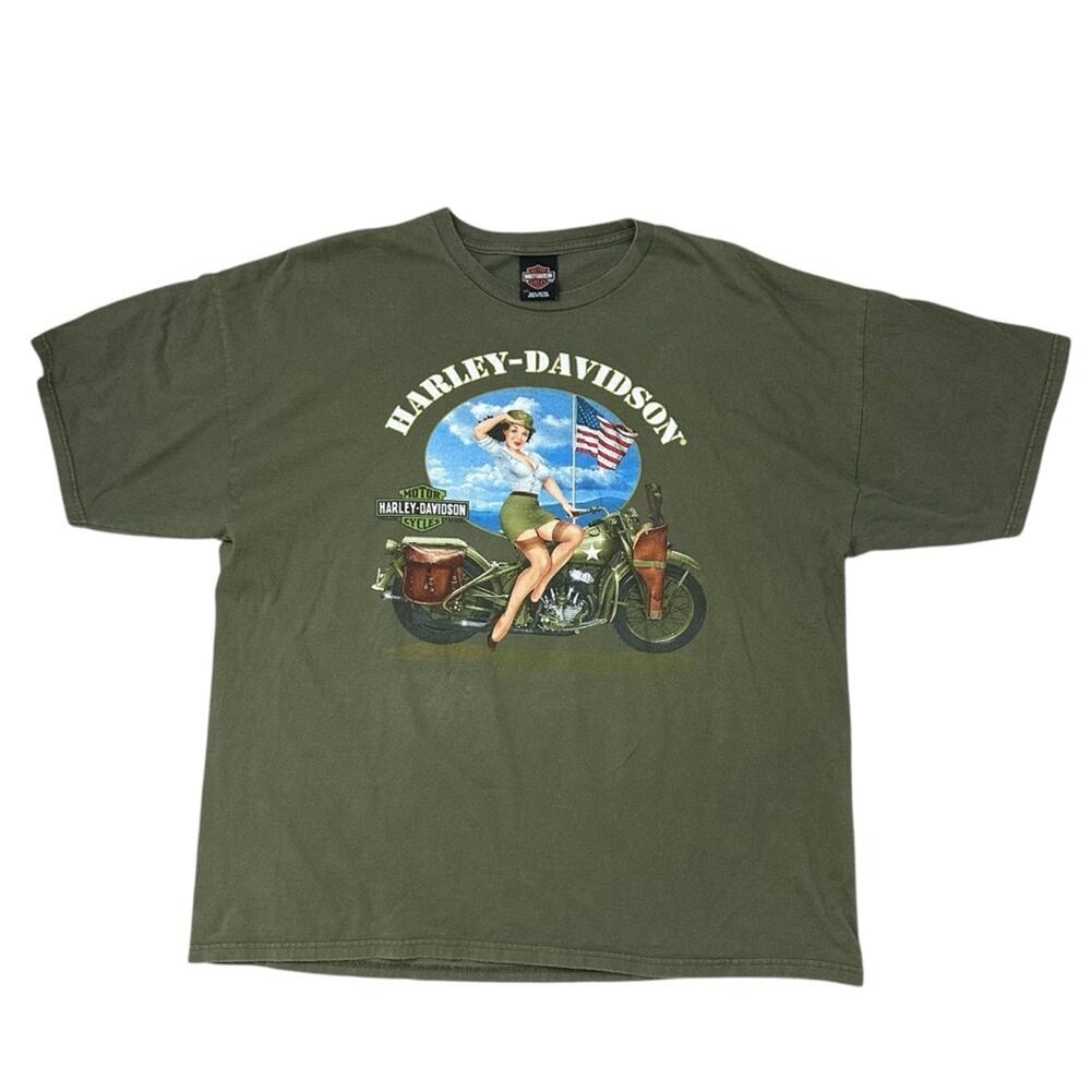 Harley-Davidson Motorcycle St Augustine Green Tee with Pin-Up and Flag Size 2XL